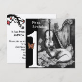 MUSICAL CAT First Birthday Black Silver Kaart (Voorkant / Achterkant)