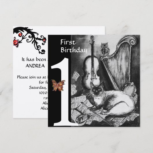 MUSICAL CAT First Birthday Black Silver Kaart (Voorkant / Achterkant)