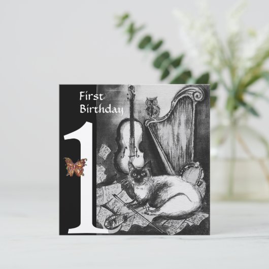 MUSICAL CAT First Birthday Black Silver Kaart (Staand voorkant)