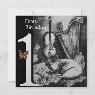 MUSICAL CAT First Birthday Black Silver Kaart