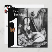 MUSICAL CAT First Birthday Party Black Champagne Kaart (Voorkant / Achterkant)