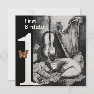 MUSICAL CAT First Birthday Party Black Champagne Kaart