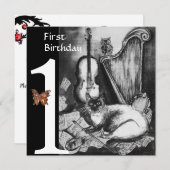 MUSICAL CAT First Birthday Party, Black White Kaart (Voorkant / Achterkant)