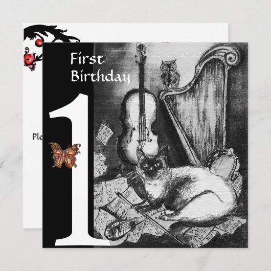 MUSICAL CAT First Birthday Party, Black White Kaart (Voorkant / Achterkant)