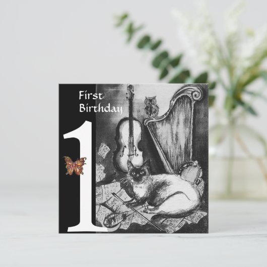 MUSICAL CAT First Birthday Party, Black White Kaart (Staand voorkant)