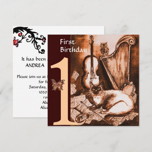 MUSICAL CAT First Birthday Party Brown and White Kaart (Voorkant / Achterkant)
