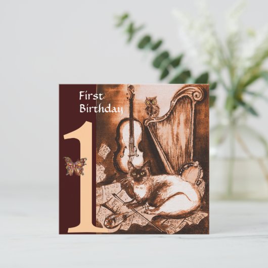 MUSICAL CAT First Birthday Party Brown and White Kaart (Staand voorkant)