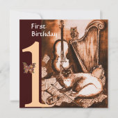 MUSICAL CAT First Birthday Party Brown and White Kaart (Voorkant)