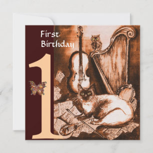 MUSICAL CAT First Birthday Party Brown and White Kaart