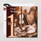 MUSICAL CAT First Birthday Party Brown Champagne Kaart (Voorkant / Achterkant)