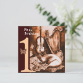 MUSICAL CAT First Birthday Party Brown Champagne Kaart (Staand voorkant)