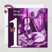 MUSICAL CAT First Birthday Party Paars Silver Kaart (Voorkant / Achterkant)