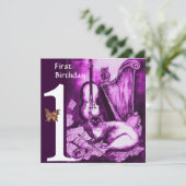 MUSICAL CAT First Birthday Party Paars Silver Kaart (Staand voorkant)