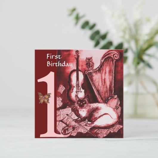 MUSICAL CAT First Birthday Party, Red and White Kaart (Staand voorkant)