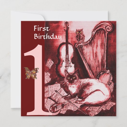 MUSICAL CAT First Birthday Party, Red and White Kaart (Voorkant)