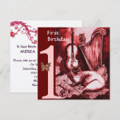 MUSICAL CAT First Birthday Party, Red Silver Kaart (Voorkant / Achterkant)