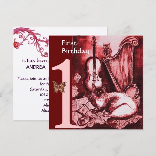 MUSICAL CAT First Birthday Party, Red Silver Kaart (Voorkant / Achterkant)