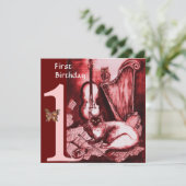 MUSICAL CAT First Birthday Party, Red Silver Kaart (Staand voorkant)