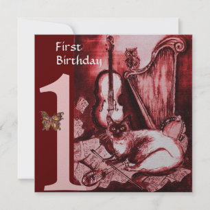 MUSICAL CAT First Birthday Party, Red Silver Kaart