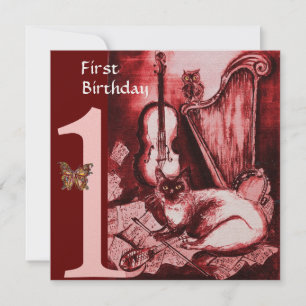 MUSICAL CAT First Birthday Party (Rode Gold) Kaart