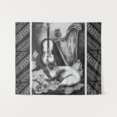 MUSICAL CAT, OWL, VIOLIN EN HARP Black White Music Wandkleed (Voorkant (horizontaal))