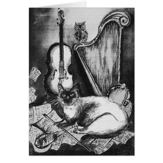 MUSICAL CAT,OWL,VIOLIN,HARP Black White Grey Music (Voorkant)