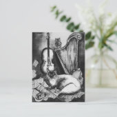 MUSICAL CAT,OWL,VIOLIN,HARP Black White Grey Music Briefkaart (Staand voorkant)