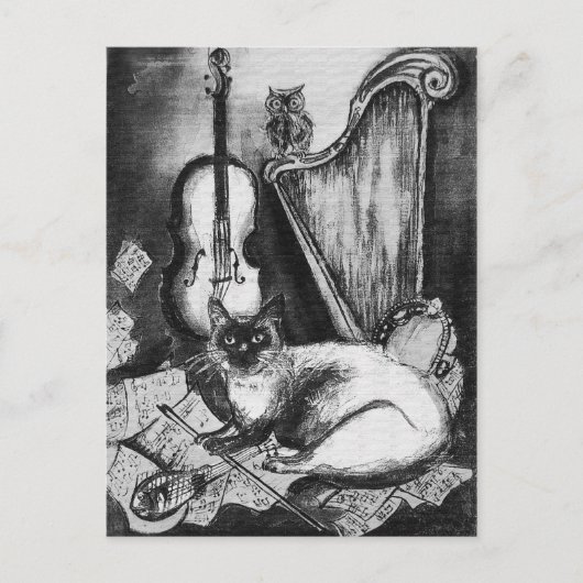 MUSICAL CAT,OWL,VIOLIN,HARP Black White Grey Music Briefkaart (Voorkant)