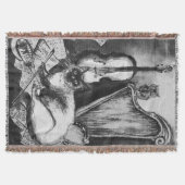 MUSICAL CAT,OWL,VIOLIN,HARP Black White Grey Music Deken (Voorkant)
