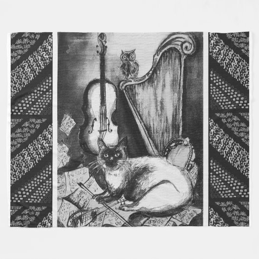 MUSICAL CAT,OWL,VIOLIN,HARP Black White Grey Music Fleece Deken (Voorkant (Horizontaal))
