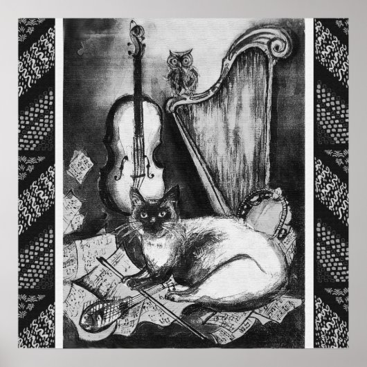 MUSICAL CAT,OWL,VIOLIN,HARP Black White Grey Music Poster (Voorkant)