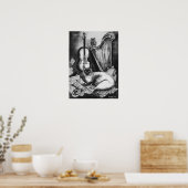 MUSICAL CAT,OWL,VIOLIN,HARP Black White Grey Music Poster (Keuken)