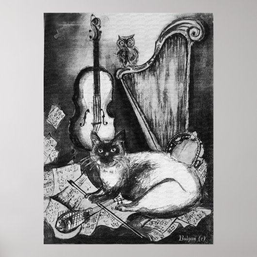 MUSICAL CAT,OWL,VIOLIN,HARP Black White Grey Music Poster (Voorkant)
