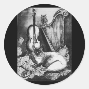 MUSICAL CAT,OWL,VIOLIN,HARP Black White Grey Music Ronde Sticker
