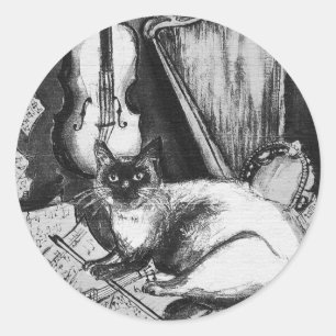 MUSICAL CAT,OWL,VIOLIN,HARP Black White Grey Music Ronde Sticker