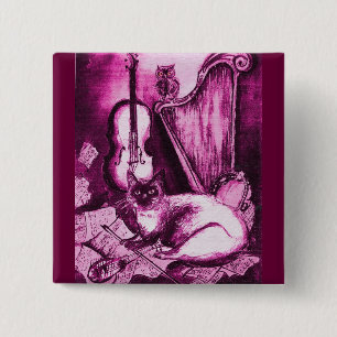 MUSICAL CAT, Paars Violet en wit zwart Vierkante Button 5,1 Cm