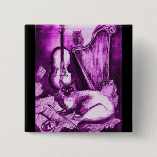 MUSICAL CAT, Paars Violet en wit zwart Vierkante Button 5,1 Cm