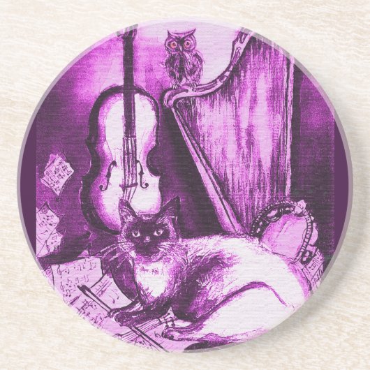 MUSICAL CAT, Roze Fuchsia White Zandsteen Onderzetter (Voorkant)