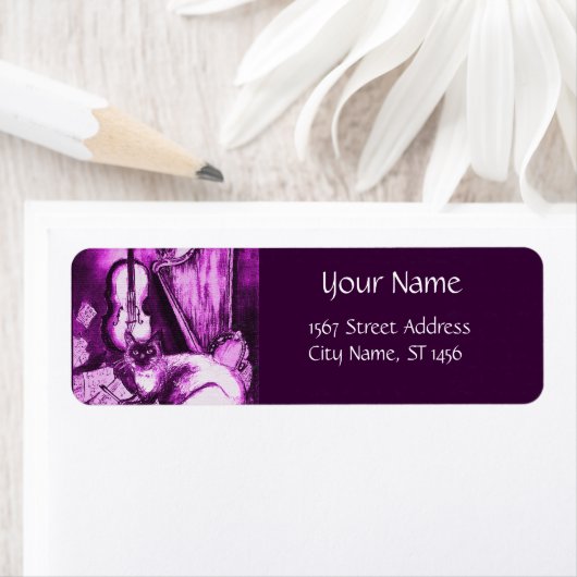 MUSICAL CAT, Roze Paars Violet en wit Etiket (Insitu)