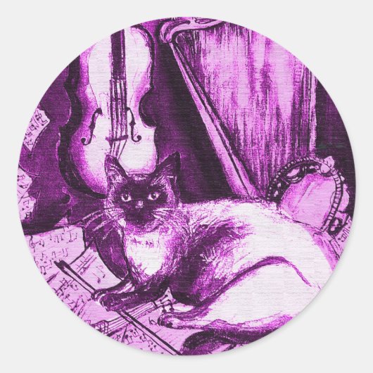 MUSICAL CAT, Roze Paars Violet en wit Ronde Sticker (Voorkant)