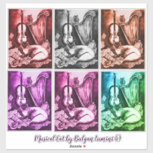MUSICAL CAT, UIL, VIOOL, HARP Monochrome Muziek Sticker