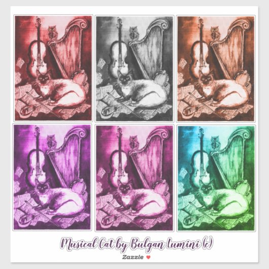 MUSICAL CAT, UIL, VIOOL, HARP Monochrome Muziek Sticker (Vel)