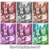 MUSICAL CAT, UIL, VIOOL, HARP Monochrome Muziek Sticker (Voorkant)