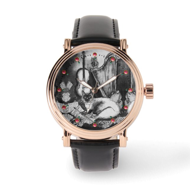 MUSICAL CAT, UIL, VIOOL, HARP Zwart Wit Rood Muzie Horloge (Voorkant)