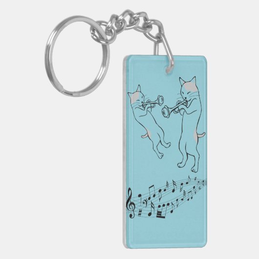 Musical Cats Playing Trombone Blue Keychain (Voorkant Links)