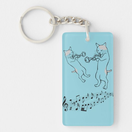 Musical Cats Playing Trombone Blue Keychain (Voorkant)