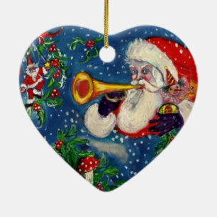 MUSICAL CHRISTMAS NIGHT, SANTA BUGLER Red Heart Keramisch Ornament