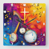 Musical Cross Kleurrijke Abstracte Harp Banjo Drum Vierkante Klok (Voorkant)