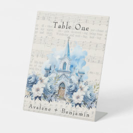  Musical Dusty Blue Peony Church Bruiloft Reclamebord Met Voetstuk