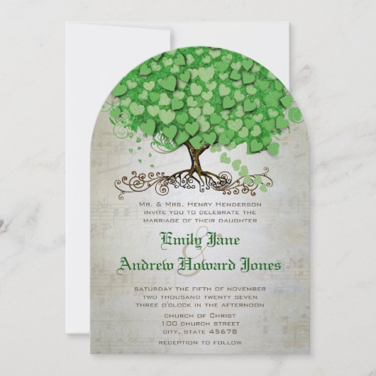 Musical Emerald Heart Leaf Tree Wedding Invites Kaart (Voorkant)